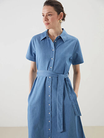 LCWAIKIKI Classic Indigo Gömlek Yaka Jean Elbise