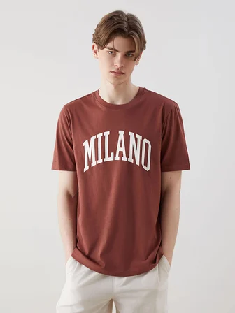 XSIDE Pembe Bisiklet Yaka Milano Baskılı Penye Erkek Tişört