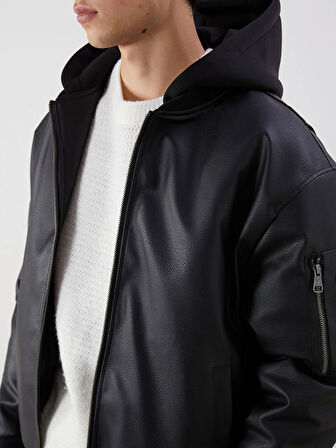 XSIDE Siyah Standart Kalıp Kapüşonlu Erkek Deri Görünümlü Ceket