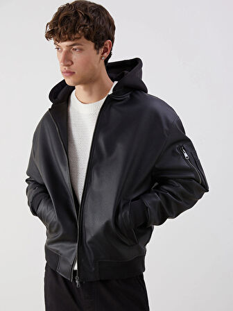 XSIDE Siyah Standart Kalıp Kapüşonlu Erkek Deri Görünümlü Ceket