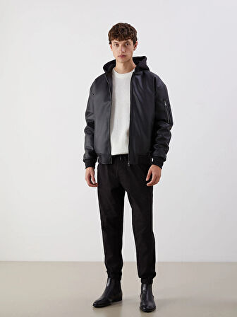 XSIDE Siyah Standart Kalıp Kapüşonlu Erkek Deri Görünümlü Ceket