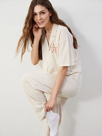 LCW Young Bej Gömlek Yaka Ayı Teddy Baskılı Kadın Pijama Takımı