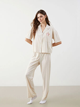 LCW Young Bej Gömlek Yaka Ayı Teddy Baskılı Kadın Pijama Takımı