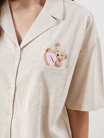 LCW Young Bej Gömlek Yaka Ayı Teddy Baskılı Kadın Pijama Takımı