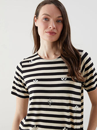 LCW Grace Siyah Bisiklet Yaka Çizgili Kadın Bluz