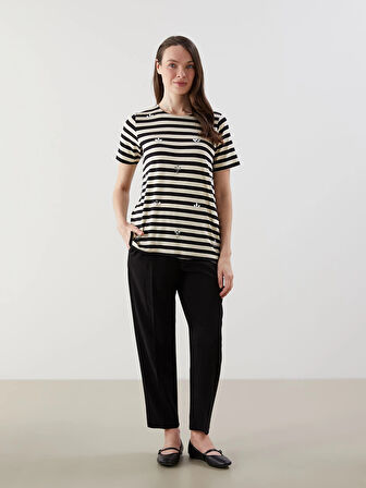 LCW Grace Siyah Bisiklet Yaka Çizgili Kadın Bluz