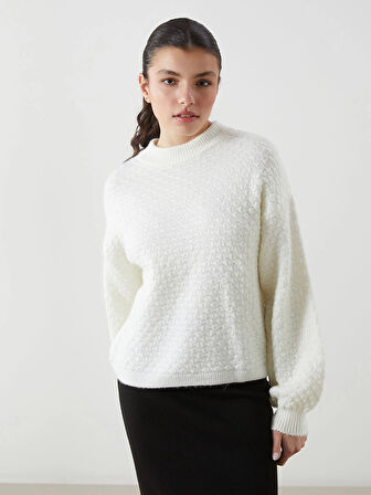 LCWAIKIKI Classic Ekru Bisiklet Yaka Kendinden Desenli Kadın Triko Kazak