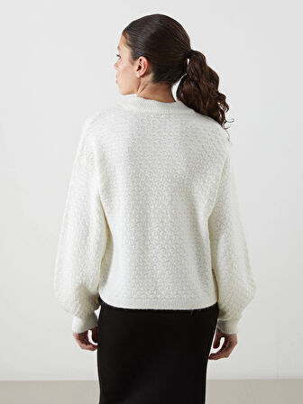 LCWAIKIKI Classic Ekru Bisiklet Yaka Kendinden Desenli Kadın Triko Kazak