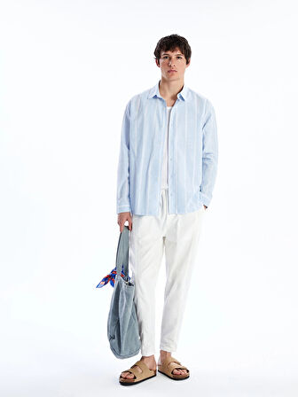 XSIDE Beyaz Rahat Kalıp Uzun Kollu Çizgili Poplin Erkek Gömlek