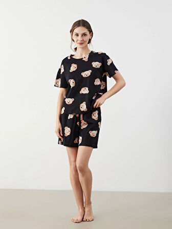 LCW Young Siyah Bisiklet Yaka Ayı Baskılı Kadın Şortlu Pijama Takımı