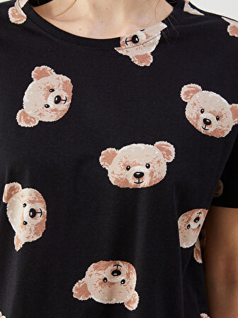 LCW Young Siyah Bisiklet Yaka Ayı Baskılı Kadın Şortlu Pijama Takımı