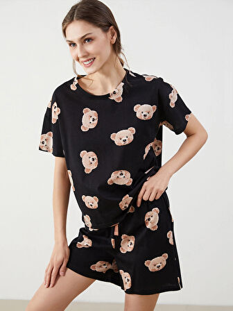 LCW Young Siyah Bisiklet Yaka Ayı Baskılı Kadın Şortlu Pijama Takımı