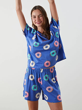 LCW Young Mavi Bisiklet Yaka Desenli Kadın Şortlu Pijama Takımı