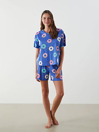 LCW Young Mavi Bisiklet Yaka Desenli Kadın Şortlu Pijama Takımı