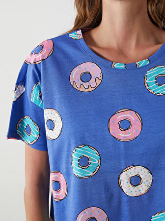 LCW Young Mavi Bisiklet Yaka Desenli Kadın Şortlu Pijama Takımı