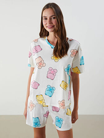 LCW Young Ekru Bisiklet Yaka Desenli Kadın Şortlu Pijama Takımı