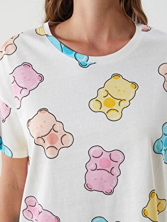 LCW Young Ekru Bisiklet Yaka Desenli Kadın Şortlu Pijama Takımı