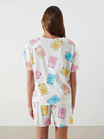 LCW Young Ekru Bisiklet Yaka Desenli Kadın Şortlu Pijama Takımı