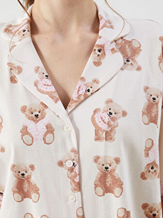 LCW Young Ekru Gömlek Yaka Ayı Baskılı Kadın Şortlu Pijama Takımı
