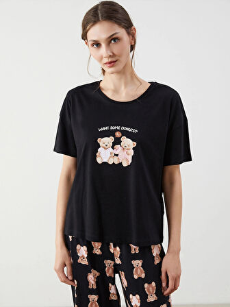 LCW Young Siyah Bisiklet Yaka Ayı Teddy Baskılı Kadın Kaprili Pijama Takımı