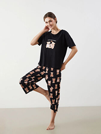 LCW Young Siyah Bisiklet Yaka Ayı Teddy Baskılı Kadın Kaprili Pijama Takımı