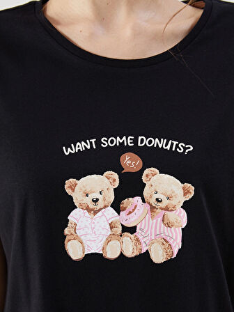 LCW Young Siyah Bisiklet Yaka Ayı Teddy Baskılı Kadın Kaprili Pijama Takımı