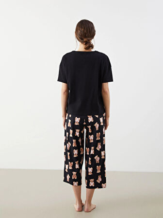 LCW Young Siyah Bisiklet Yaka Ayı Teddy Baskılı Kadın Kaprili Pijama Takımı