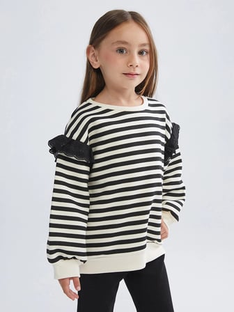 LCW Kids Siyah Bisiklet Yaka Çizgili Kız Çocuk Sweatshirt
