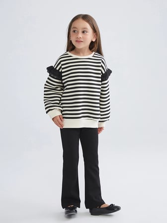 LCW Kids Siyah Bisiklet Yaka Çizgili Kız Çocuk Sweatshirt