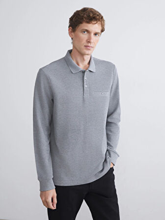 LCWAIKIKI Classic Gri Polo Yaka Uzun Kollu Erkek Sweatshirt