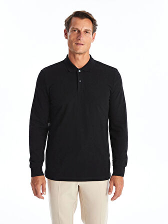 LCWAIKIKI Basic Siyah Polo Yaka Uzun Kollu Pike Erkek Tişört