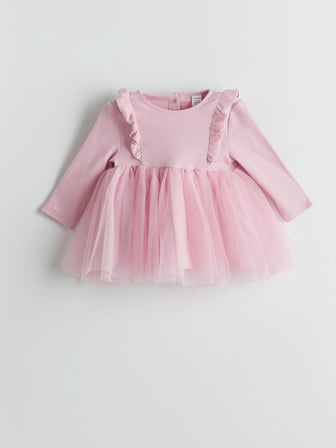 LCW baby Pembe Bisiklet Yaka Tütülü Kız Bebek Elbise