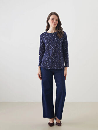 LCW Grace Lacivert Bisiklet Yaka Çiçekli Kadın Bluz