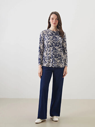 LCW Grace Lacivert Bisiklet Yaka Desenli Kadın Tişört