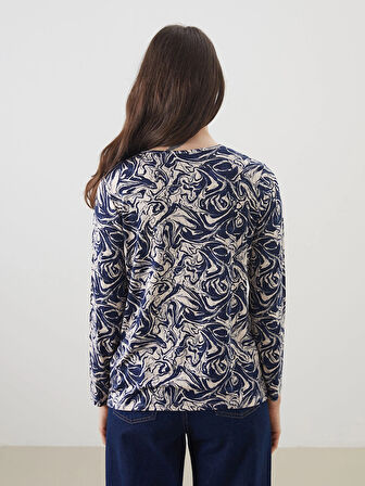 LCW Grace Lacivert Bisiklet Yaka Desenli Kadın Tişört