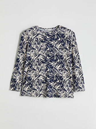 LCW Grace Lacivert Bisiklet Yaka Desenli Kadın Tişört