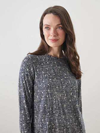 LCW Grace Lacivert Bisiklet Yaka Desenli Kadın Tişört