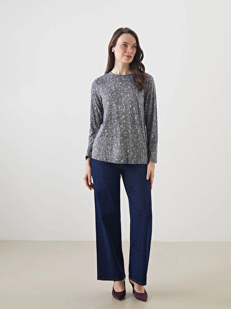 LCW Grace Lacivert Bisiklet Yaka Desenli Kadın Tişört