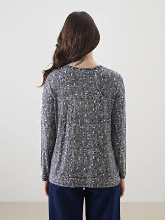 LCW Grace Lacivert Bisiklet Yaka Desenli Kadın Tişört