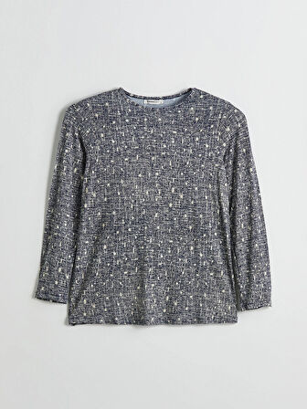 LCW Grace Lacivert Bisiklet Yaka Desenli Kadın Tişört