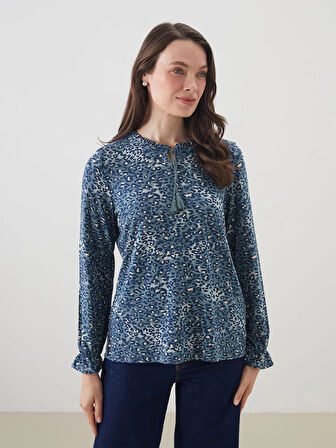 LCW Grace Mavi Bağlamalı Yaka Etnik Desenli Bluz