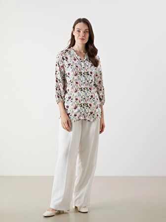 LCW Grace Ekru Kaçık Yaka Çiçekli Kadın Bluz