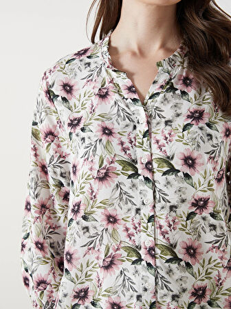 LCW Grace Ekru Kaçık Yaka Çiçekli Kadın Bluz