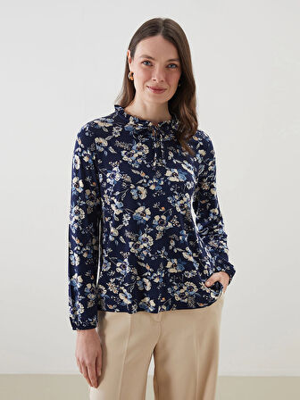 LCW Grace Lacivert Bağlamalı Yaka Çiçekli Bluz