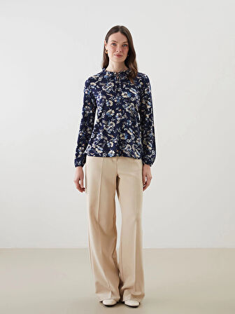 LCW Grace Lacivert Bağlamalı Yaka Çiçekli Bluz