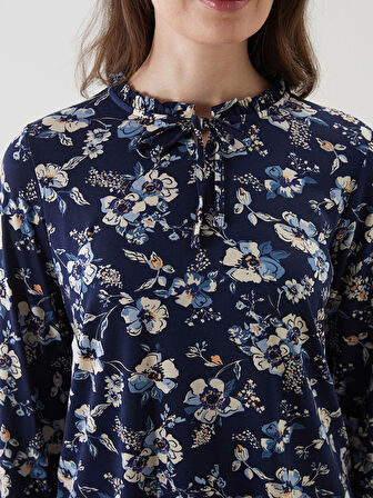 LCW Grace Lacivert Bağlamalı Yaka Çiçekli Bluz
