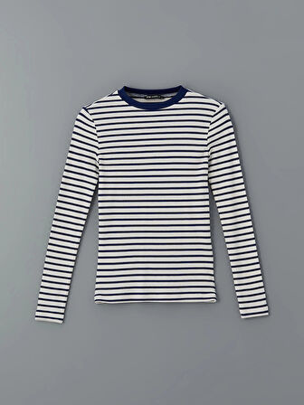 LCW Modest Lacivert Bisiklet Yaka Çizgili Kadın Body