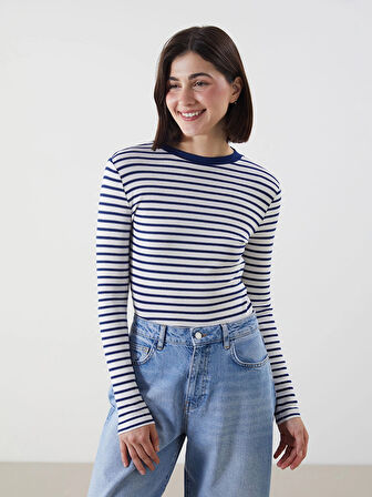 LCW Modest Lacivert Bisiklet Yaka Çizgili Kadın Body