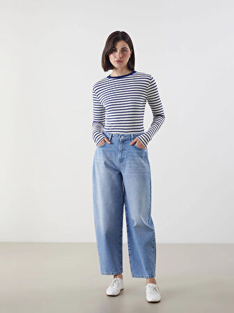 LCW Modest Lacivert Bisiklet Yaka Çizgili Kadın Body