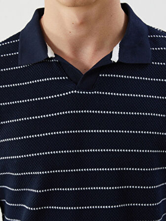 XSIDE Lacivert Polo Yaka Çizgili Erkek Dokulu Tişört